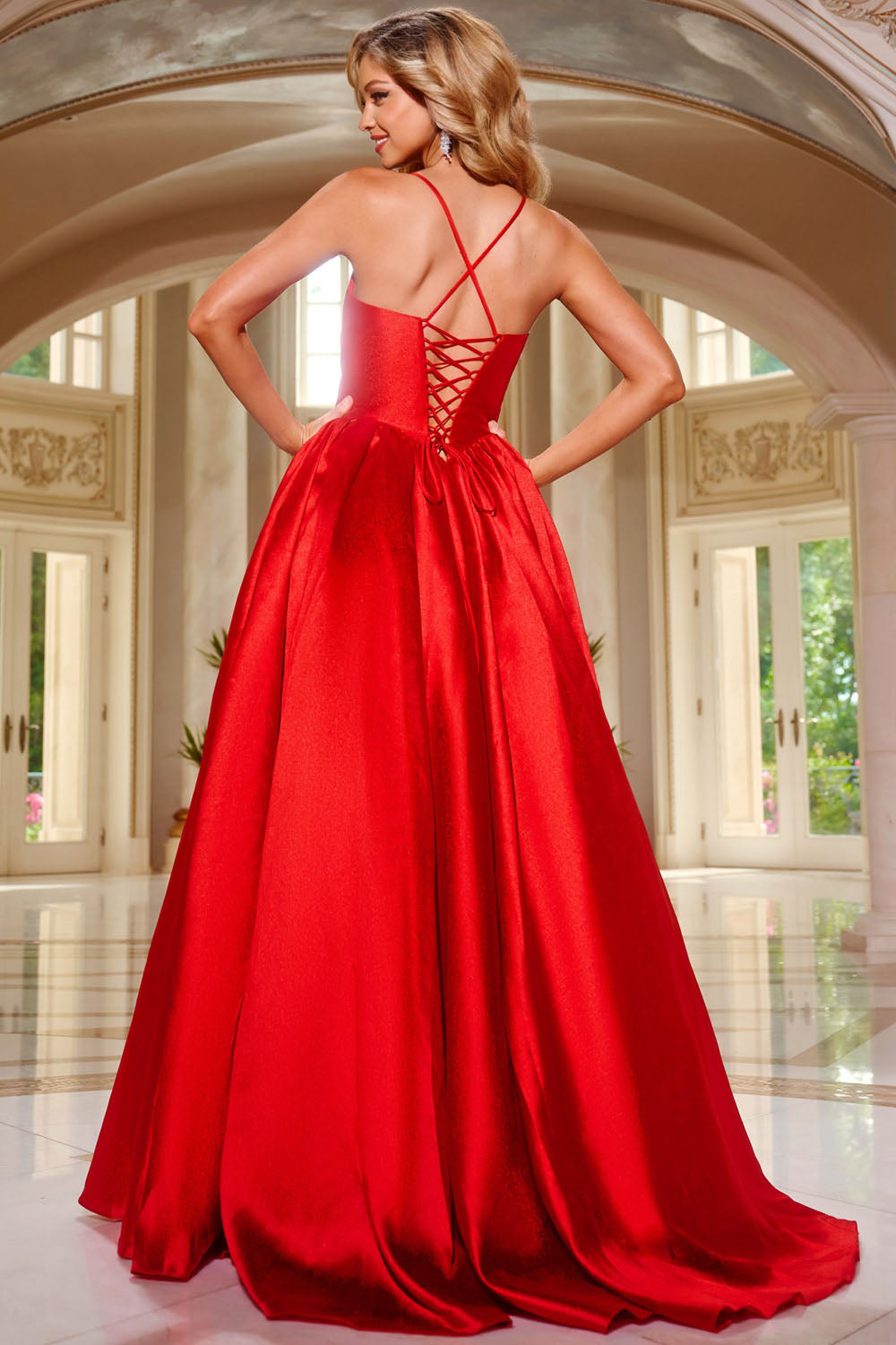 red jovani prom dress Sequin Prom Dress With High Slit 48328