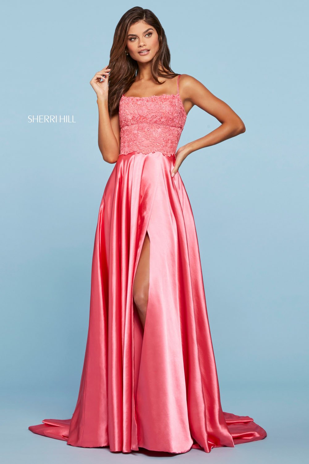 Sherri Hill 53300 dress images in these colors: Lilac, Coral, Rose, Red, Peacock, Ivory, Aqua, Vintage Coral, Yellow, Light Blue, Black, Navy.