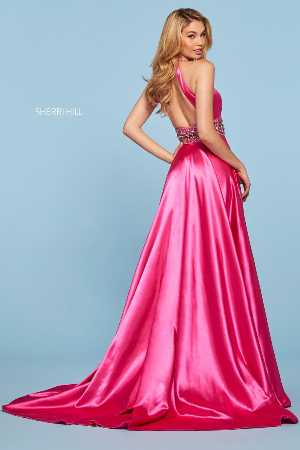 Sherri Hill 53306 dress images in these colors: Teal, Royal, Rose, Lilac, Fuchsia, Vintage Coral, Mocha, Red.