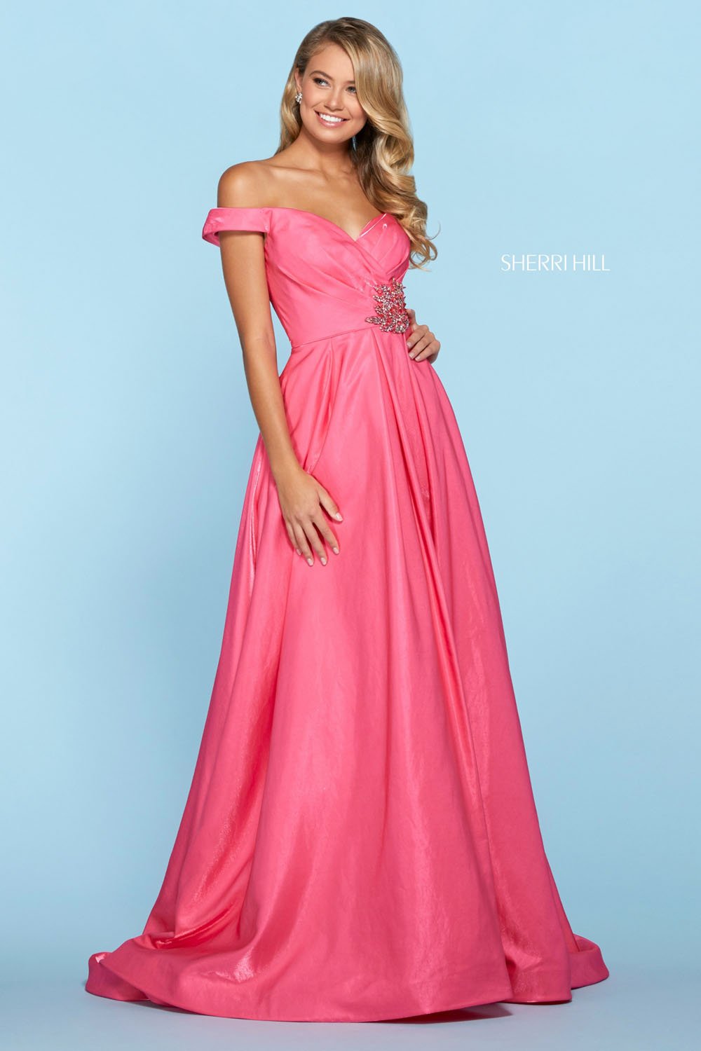 Sherri Hill 53309 dress images in these colors: Red, Aqua, Hot Pink, Purple, Coral, Teal, Navy.