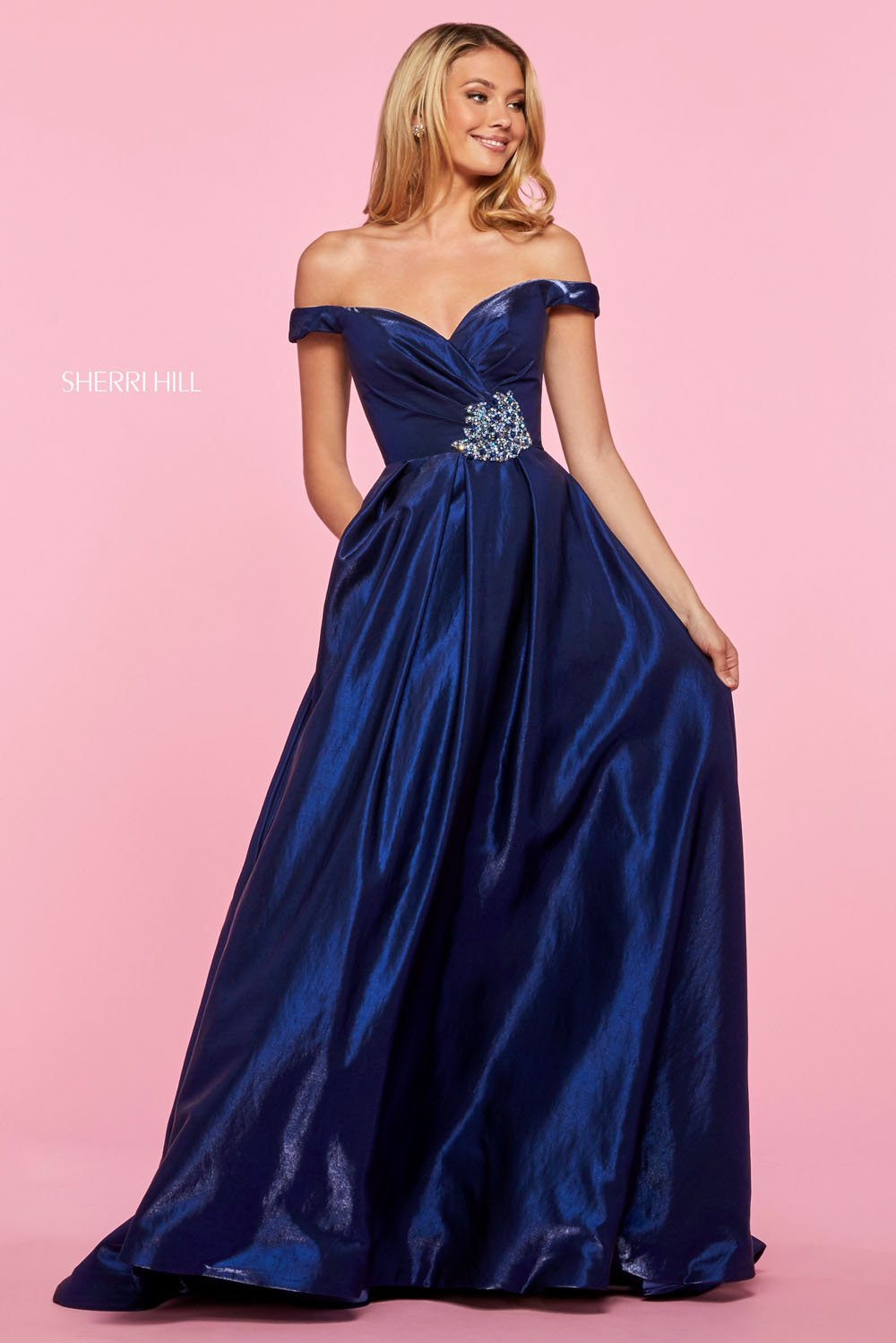 Sherri Hill 53309 dress images in these colors: Red, Aqua, Hot Pink, Purple, Coral, Teal, Navy.