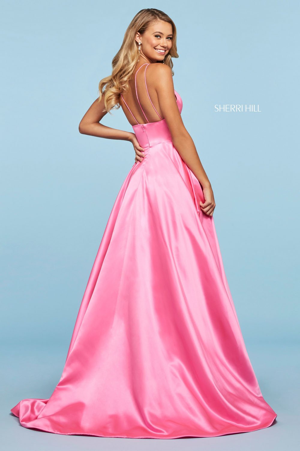 Sherri Hill 53312 dress images in these colors: Lilac, Coral, Aqua, Ivory, Yellow, Candy Pink, Light Blue, Blush, Red, Black, Emerald, Royal.