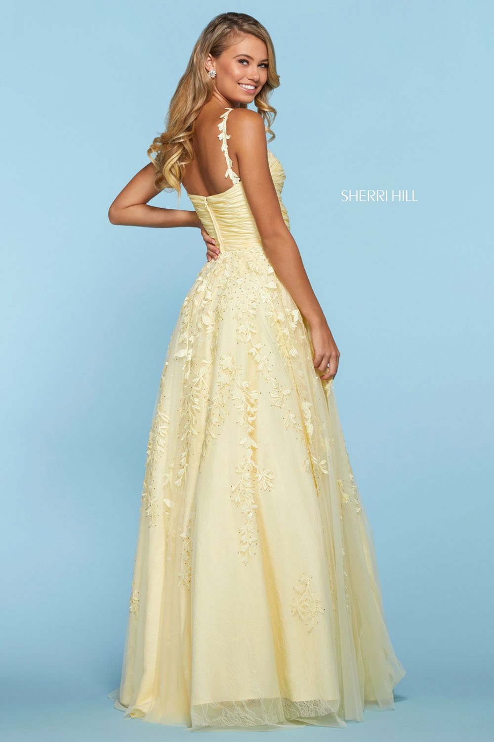 Sherri Hill 53344 dress images in these colors: Blush, Ivory, Light Blue, Yellow, Red, Black.