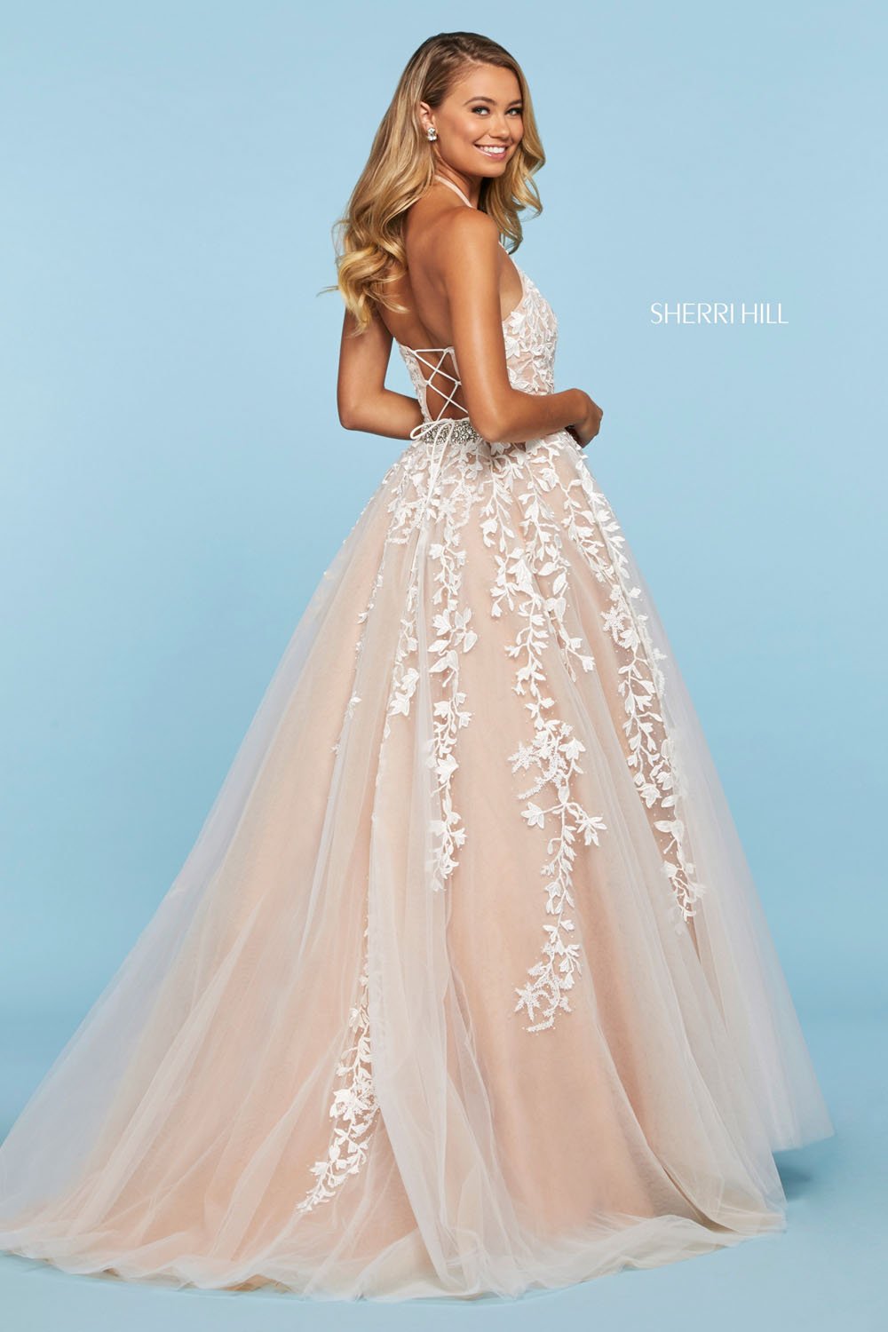 Sherri Hill 53371 dress images in these colors: Lilac, Bright Pink, Red, Light Blue, Blush, Yellow, Ivory Nude, Navy, Coral.