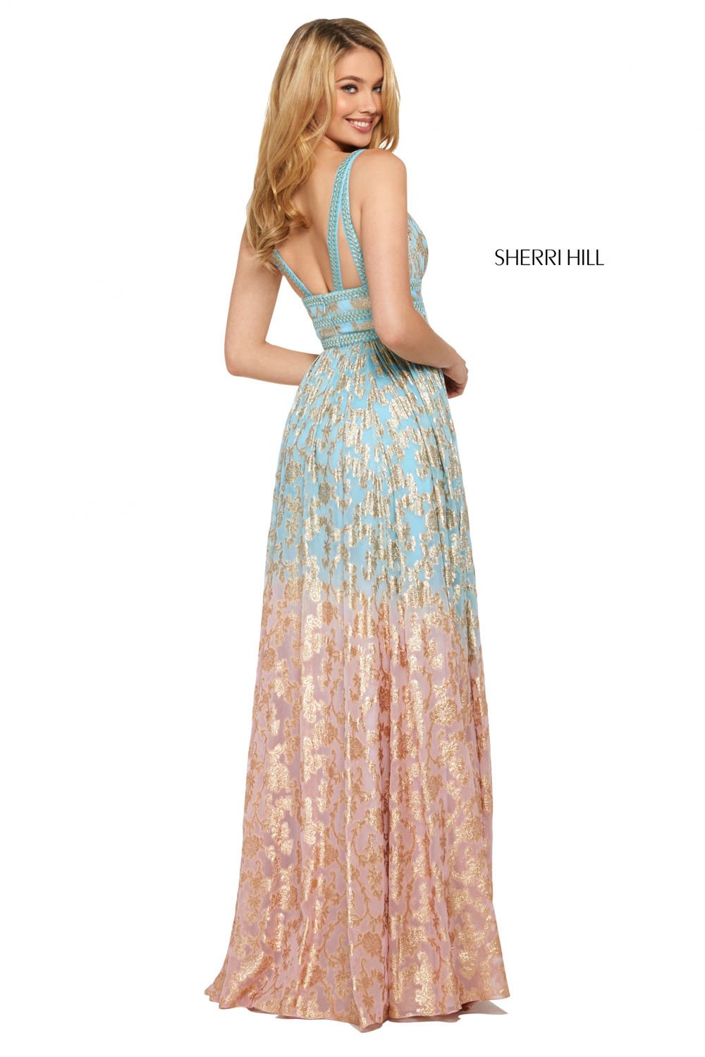 Sherri Hill 53375 dress images in these colors: Light Blue Pink, Nude Aqua, Lilac Gold, Periwinkle Coral.