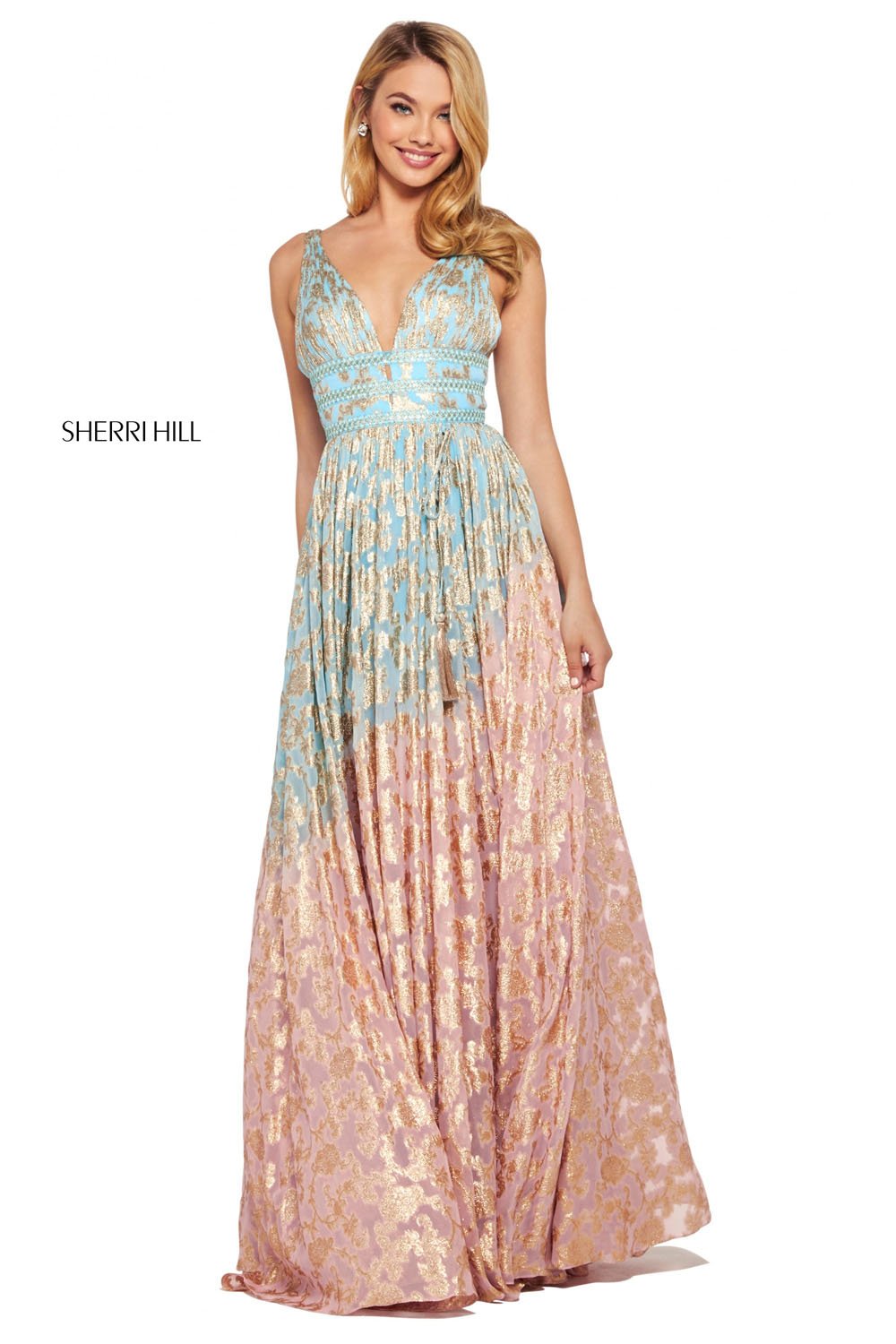 Sherri Hill 53375 dress images in these colors: Light Blue Pink, Nude Aqua, Lilac Gold, Periwinkle Coral.