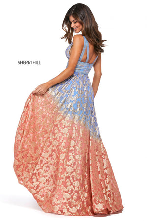 Sherri Hill 53375 dress images in these colors: Light Blue Pink, Nude Aqua, Lilac Gold, Periwinkle Coral.