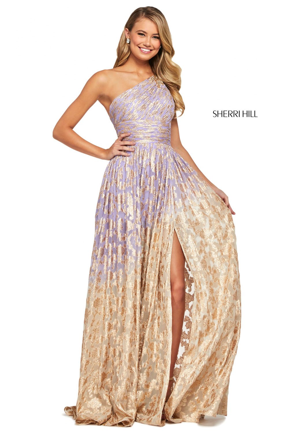 Sherri Hill 53376 dress images in these colors: Nude Aqua, Periwinkle Coral, Lilac Gold, Light Blue Pink, Coral Pink.