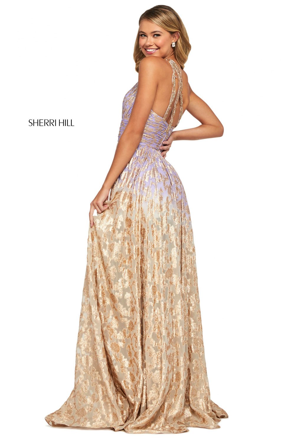 Sherri Hill 53376 dress images in these colors: Nude Aqua, Periwinkle Coral, Lilac Gold, Light Blue Pink, Coral Pink.