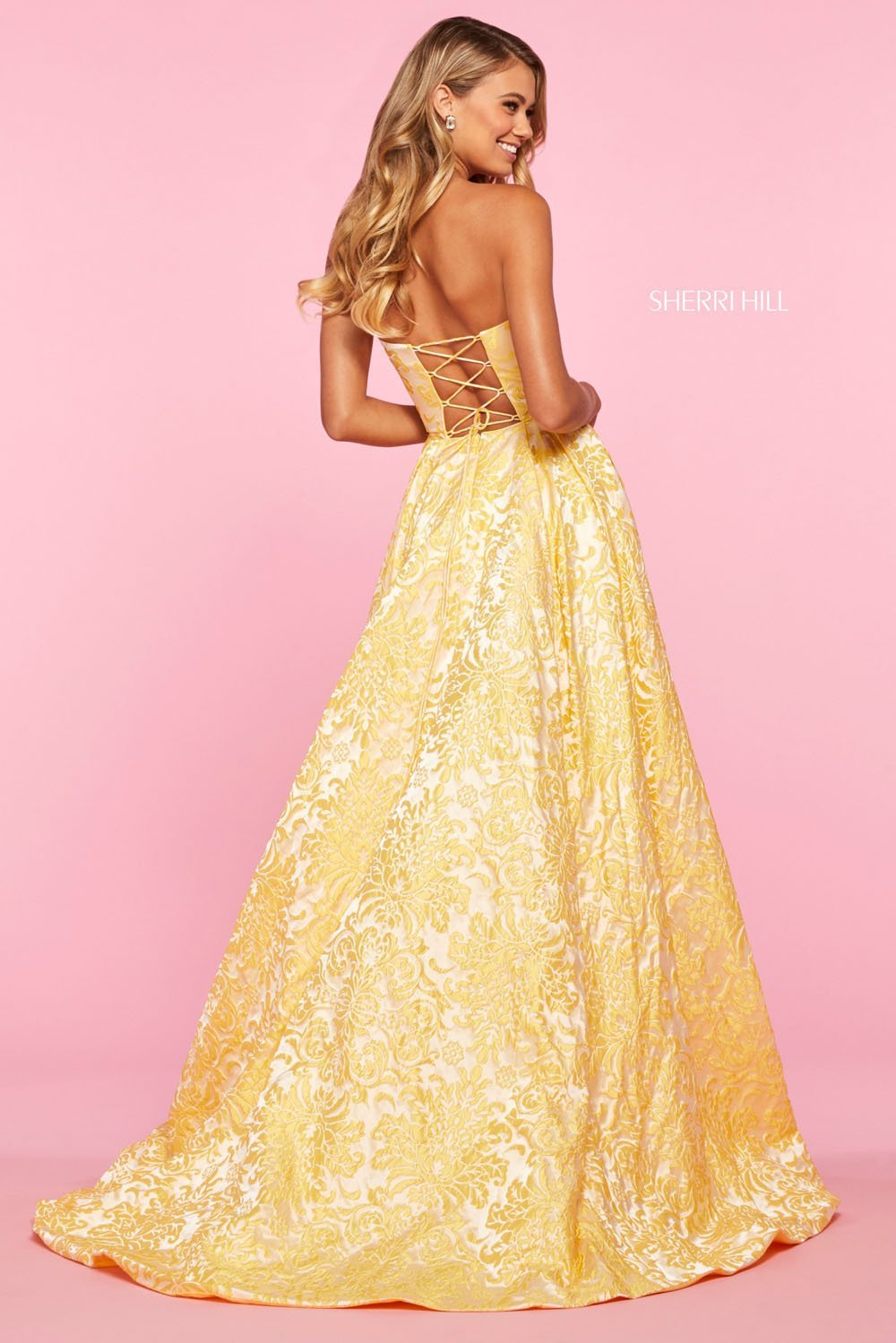 Sherri Hill 53379 dress images in these colors: Coral Print, Yellow Print, Blue Print.