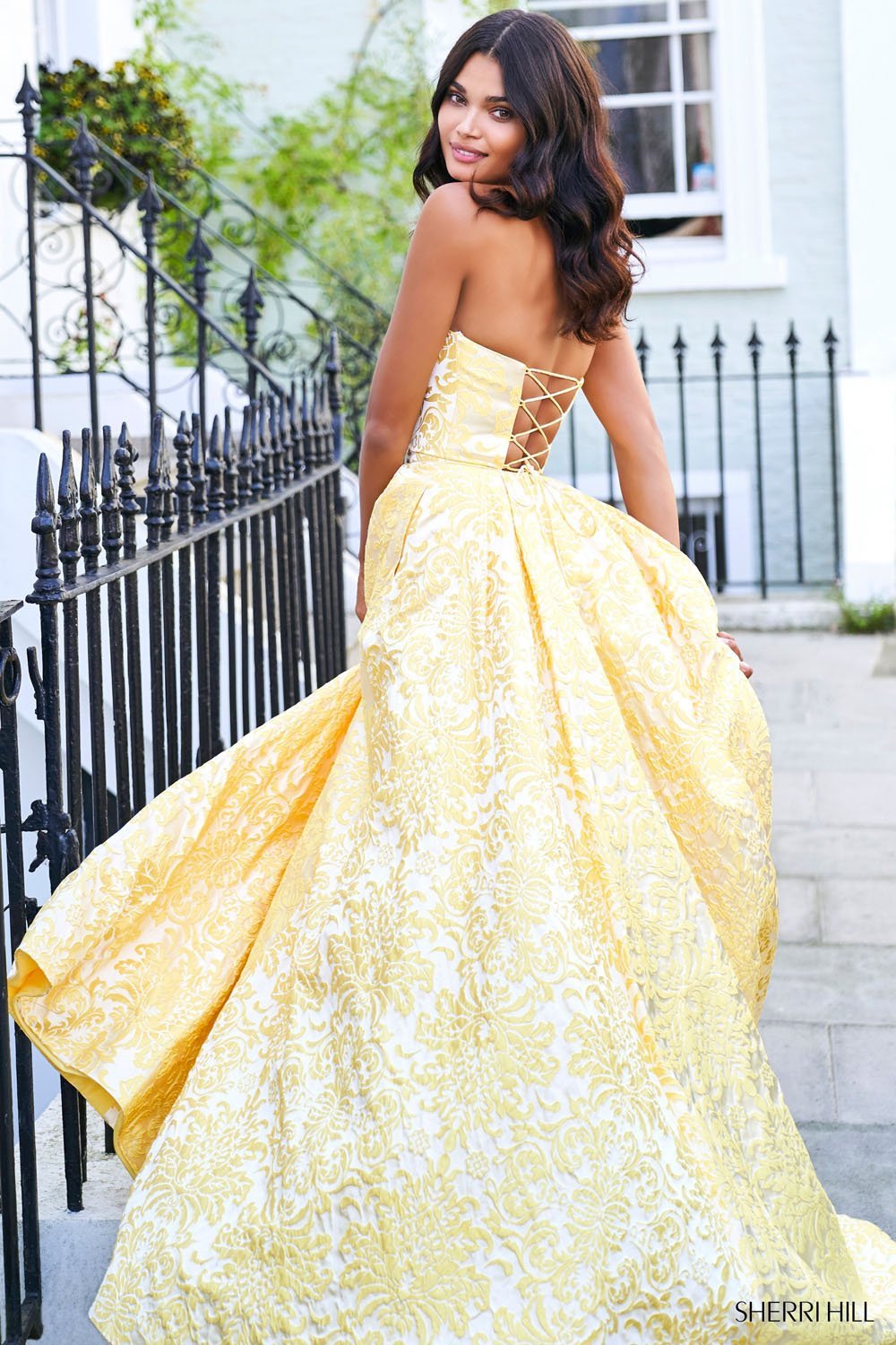 Sherri Hill 53379 dress images in these colors: Coral Print, Yellow Print, Blue Print.