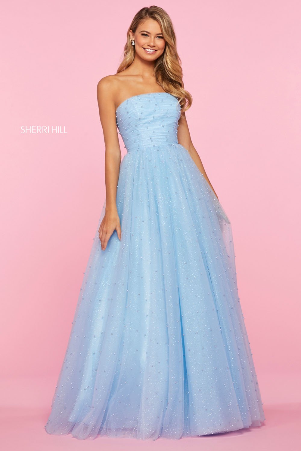 Sherri Hill 53381 dress images in these colors: Champagne, Blush, Yellow, Ivory, Light Blue.