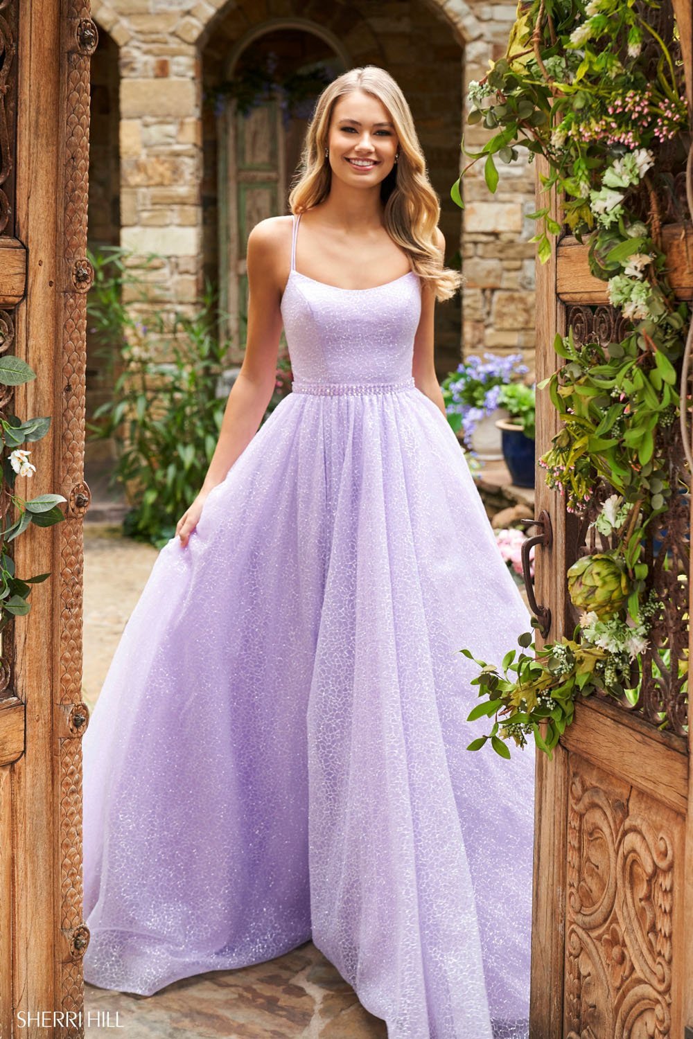 Sherri Hill 53406 dress images in these colors: Light Pink, Light Blue, Ivory, Coral, Lilac, Pink.