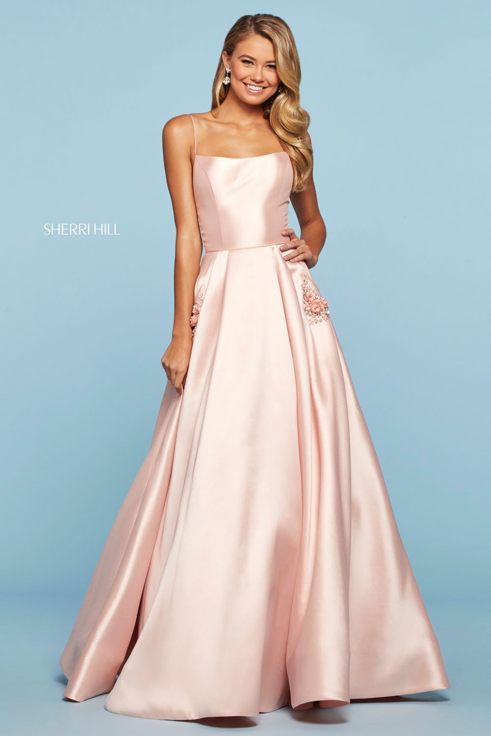 Sherri Hill 53407 dress images in these colors: Light Blue, Blush, Light Pink, Yellow, Ivory, Bright Pink, Lilac, Red, Black, Navy.