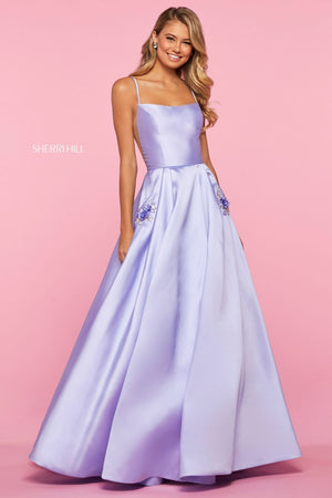 Sherri Hill 53407 dress images in these colors: Light Blue, Blush, Light Pink, Yellow, Ivory, Bright Pink, Lilac, Red, Black, Navy.