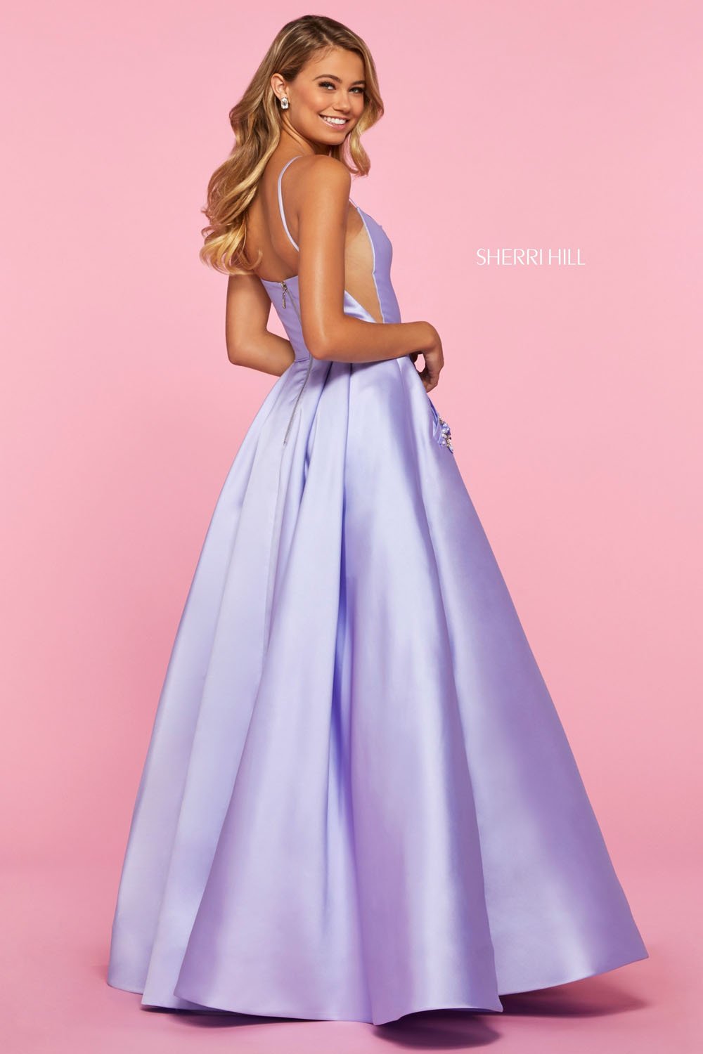 Sherri Hill 53407 dress images in these colors: Light Blue, Blush, Light Pink, Yellow, Ivory, Bright Pink, Lilac, Red, Black, Navy.