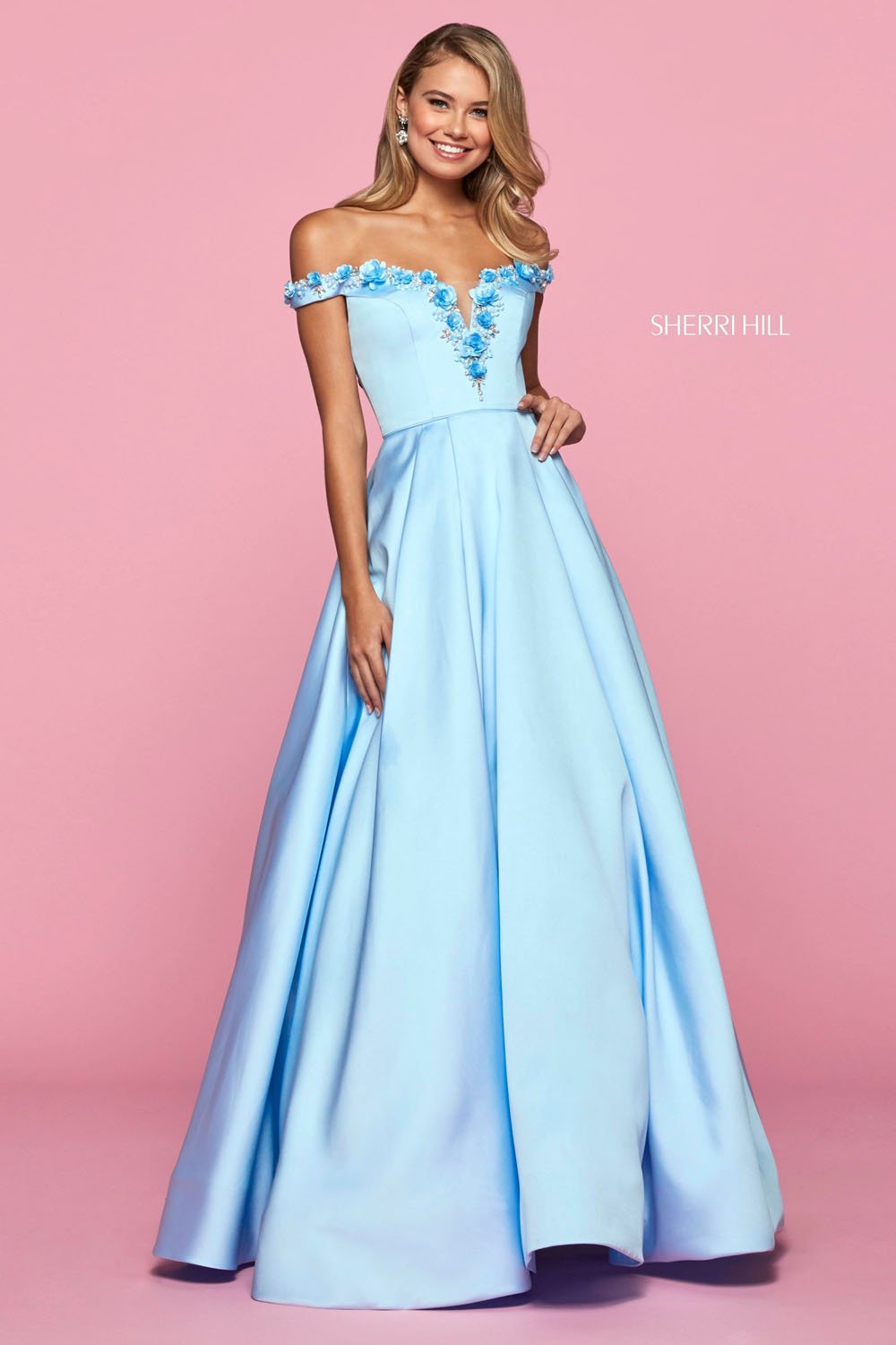 Sherri Hill 53408 dress images in these colors: Ivory, Light Blue, Yellow, Blush, Bright Pink.