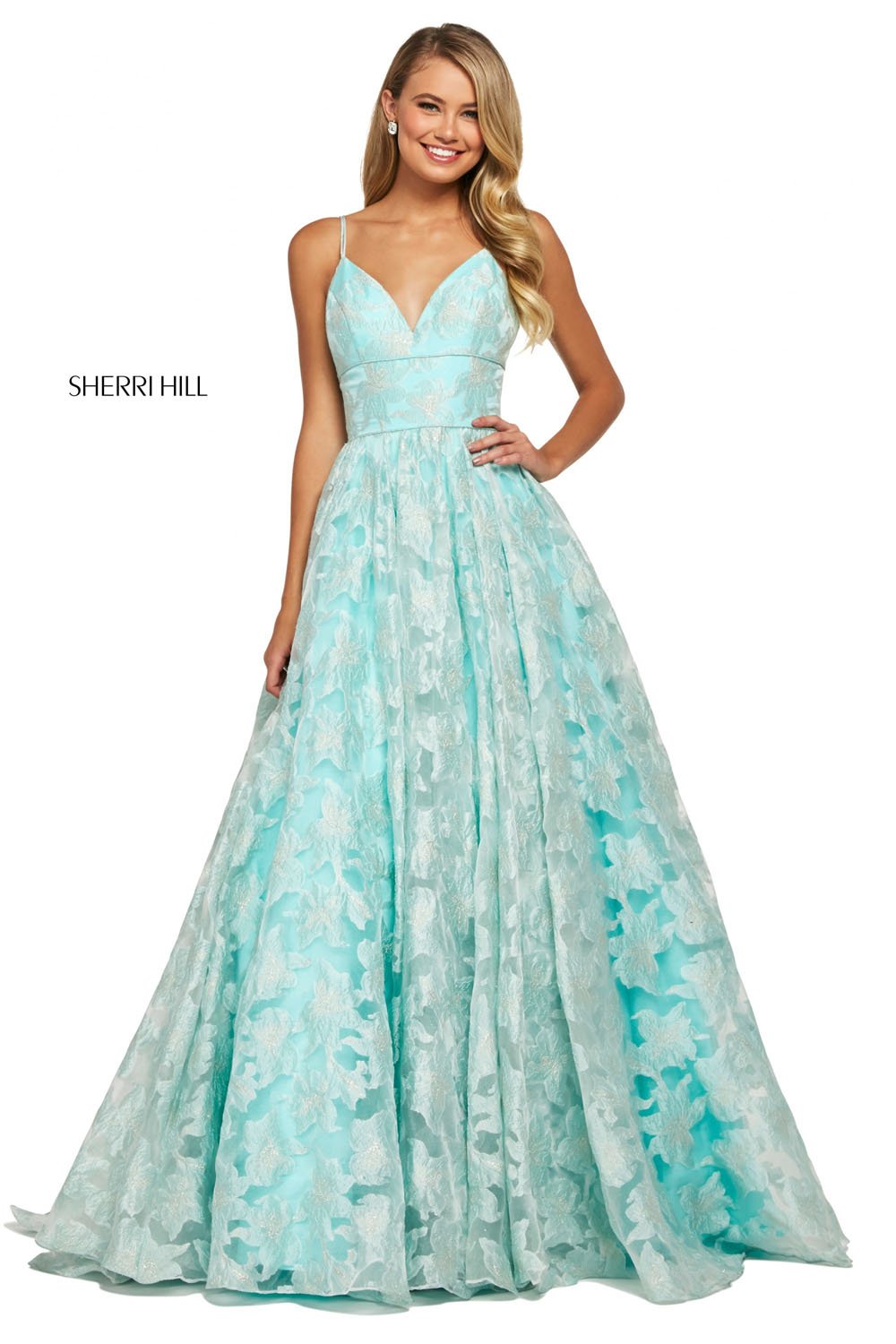 Sherri Hill 53410 dress images in these colors: Aqua, Ivory, Blush.