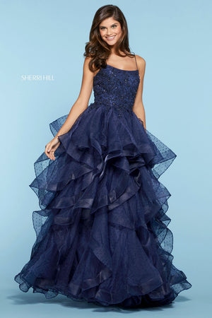 Sherri Hill 53418 dress images in these colors: Yellow, Black, Blush, Light Blue, Lilac, Periwinkle, Candy Pink, Coral, Navy.