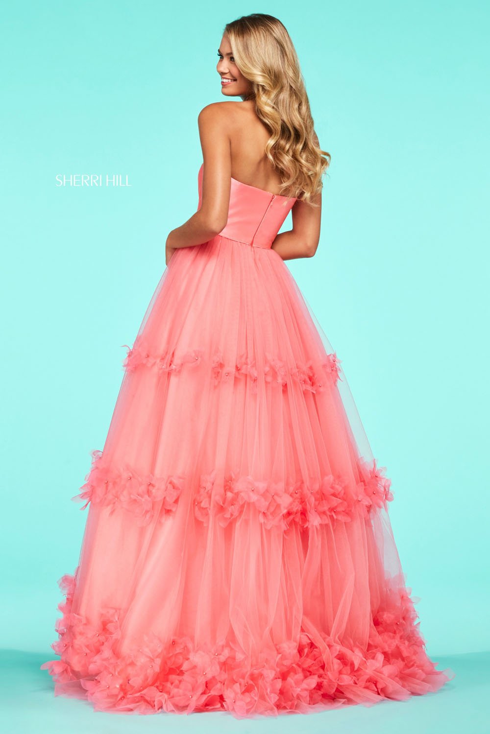 Sherri Hill 53420 dresses are available in the following colors: Light Blue, Pink, Yellow, Coral, Black, Ivory. $550 is the  best price guarantee