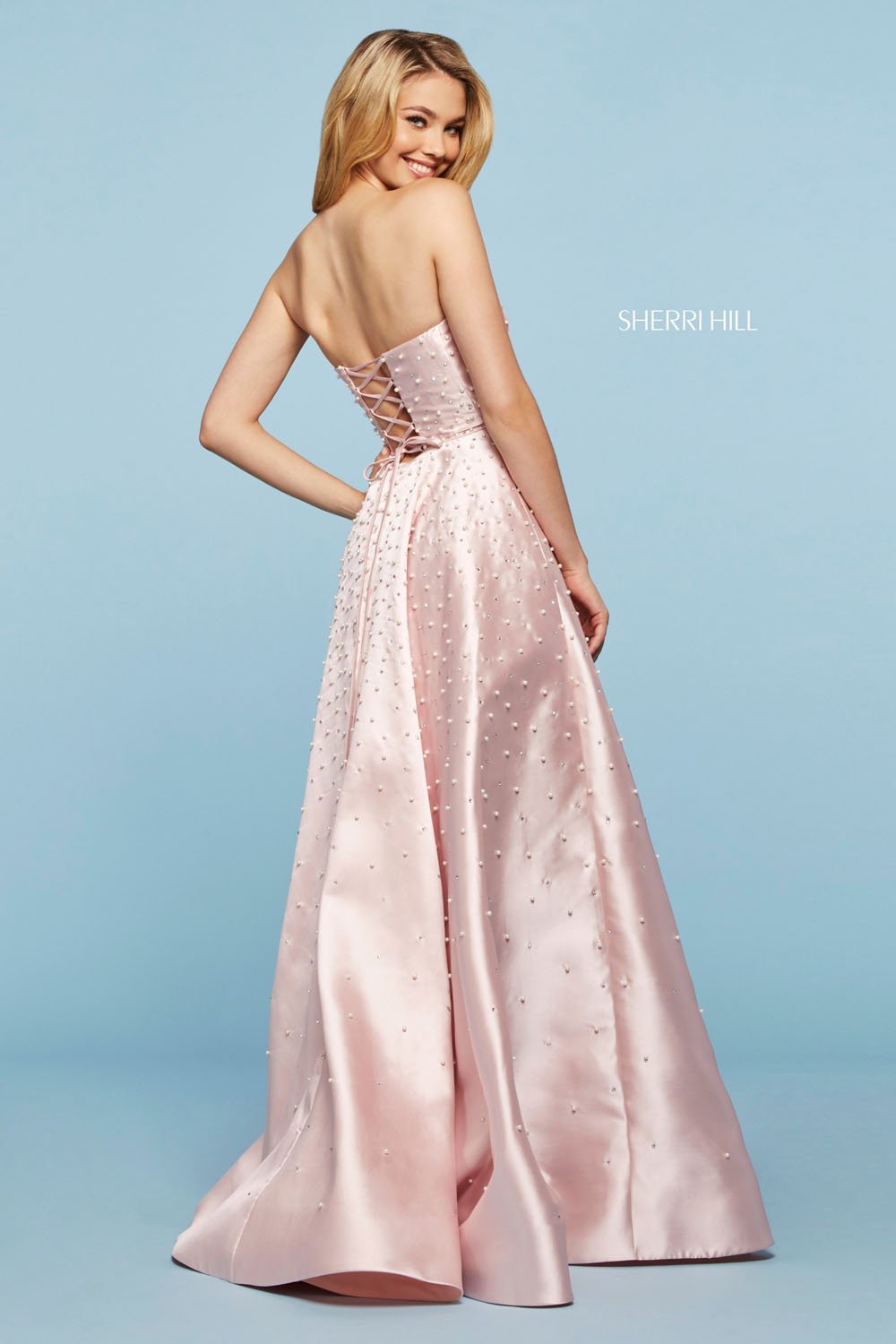 Sherri Hill 53421 dress images in these colors: Light Blue, Blush, Yellow, Ivory.