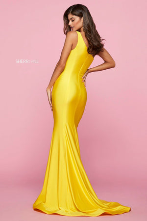 Sherri Hill 53432 dress images in these colors: Red, Black, Fuchsia, Yellow, Emerald.