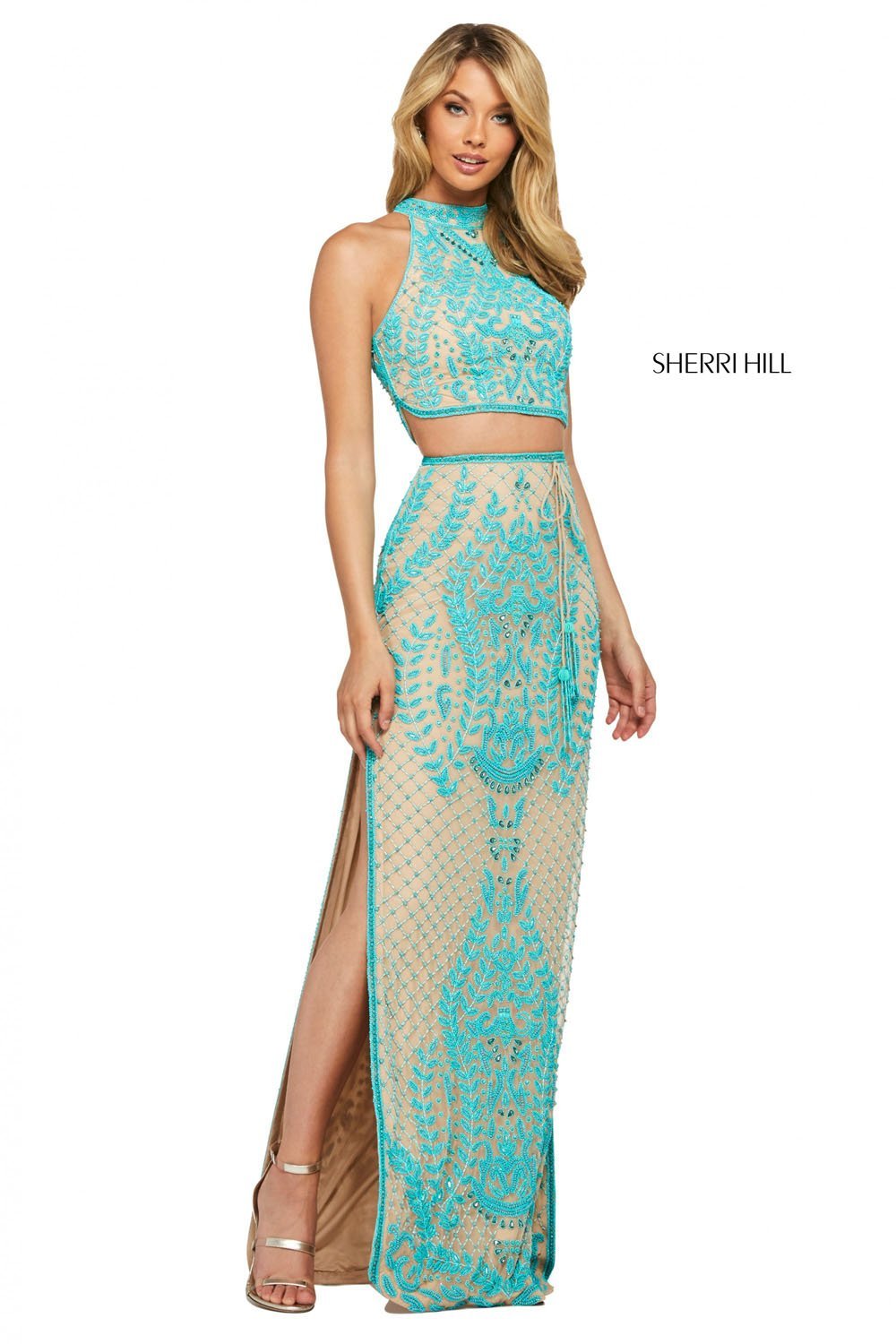 Sherri Hill 53436 dress images in these colors: Nude Ivory, Nude Turquoise, Pink, Coral, Yellow, Aqua.