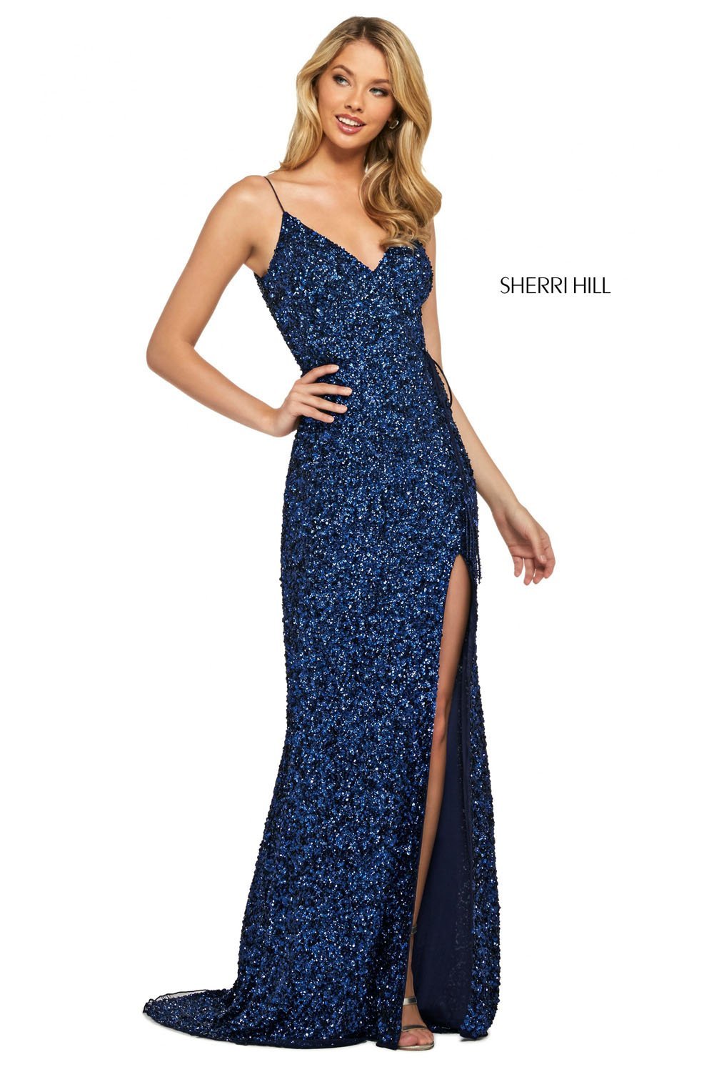 Sherri Hill 53449 dress images in these colors: Rose Gold, Gold, Emerald, Navy, Burgundy, Ivory, Periwinkle, Coral.