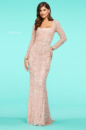 Sherri Hill 53451 dress images in these colors: Nude Multi Ombre, Coral, Ivory, Gold, Light Blue, Blush, Navy, Black, Nude Ivory, Nude Yellow, Burgundy Blush, Yellow, Nude Aqua.