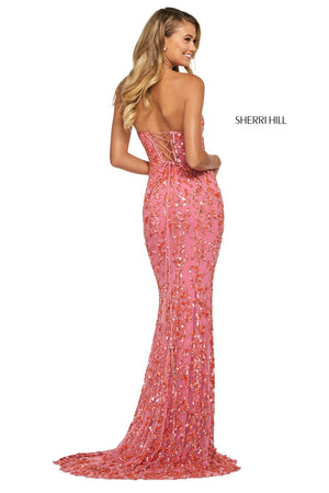Sherri Hill 53453 dress images in these colors: Coral Pink, Nude Light Blue, Nude Yellow, Nude Aqua, Teal.
