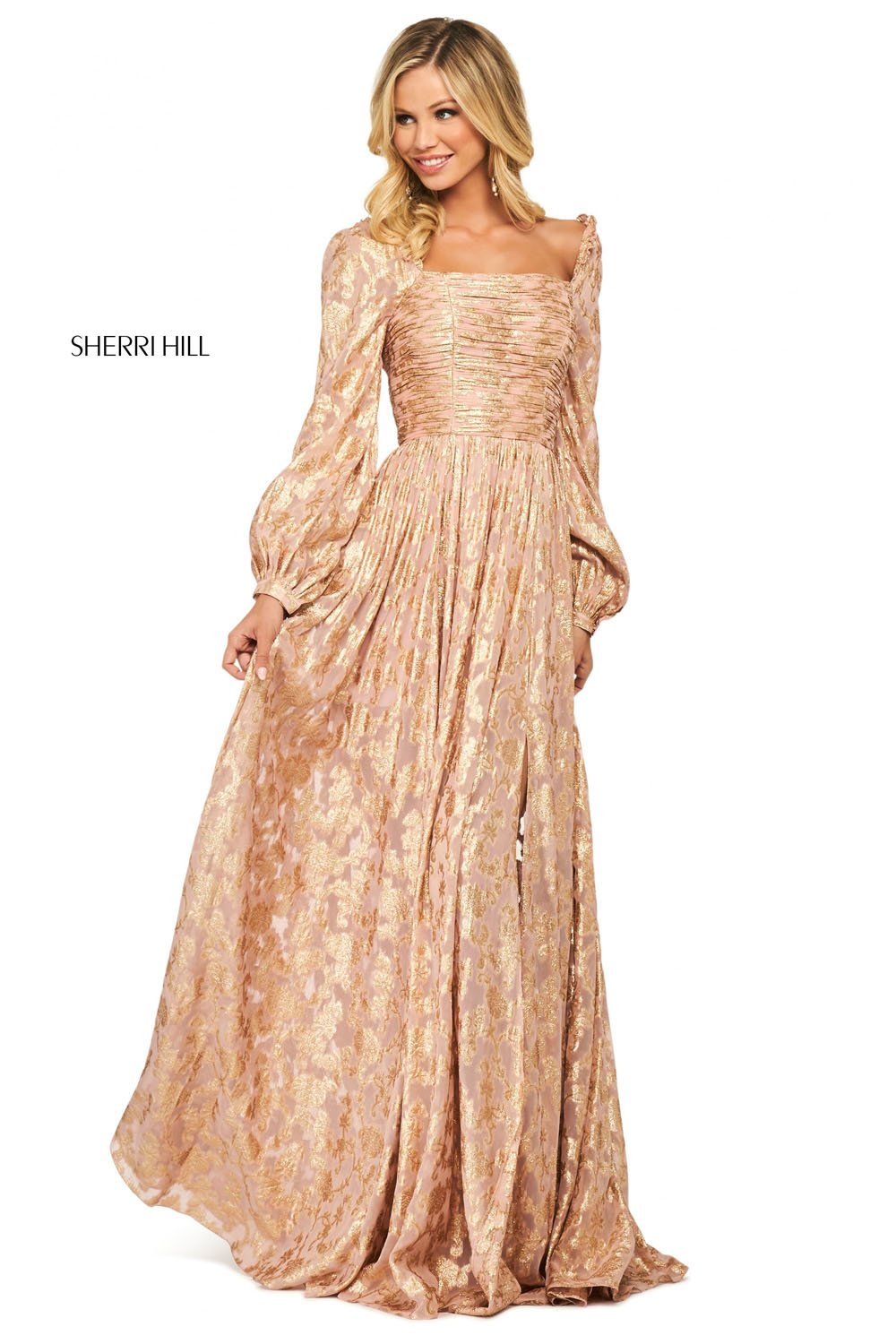 Sherri Hill 53461 dress images in these colors: Ivory Gold, Blush Gold, Coral Gold, Aqua Gold.