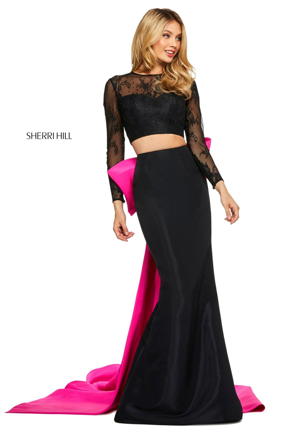 Sherri Hill 53463 dress images in these colors: Black Red, Black Fuchsia.