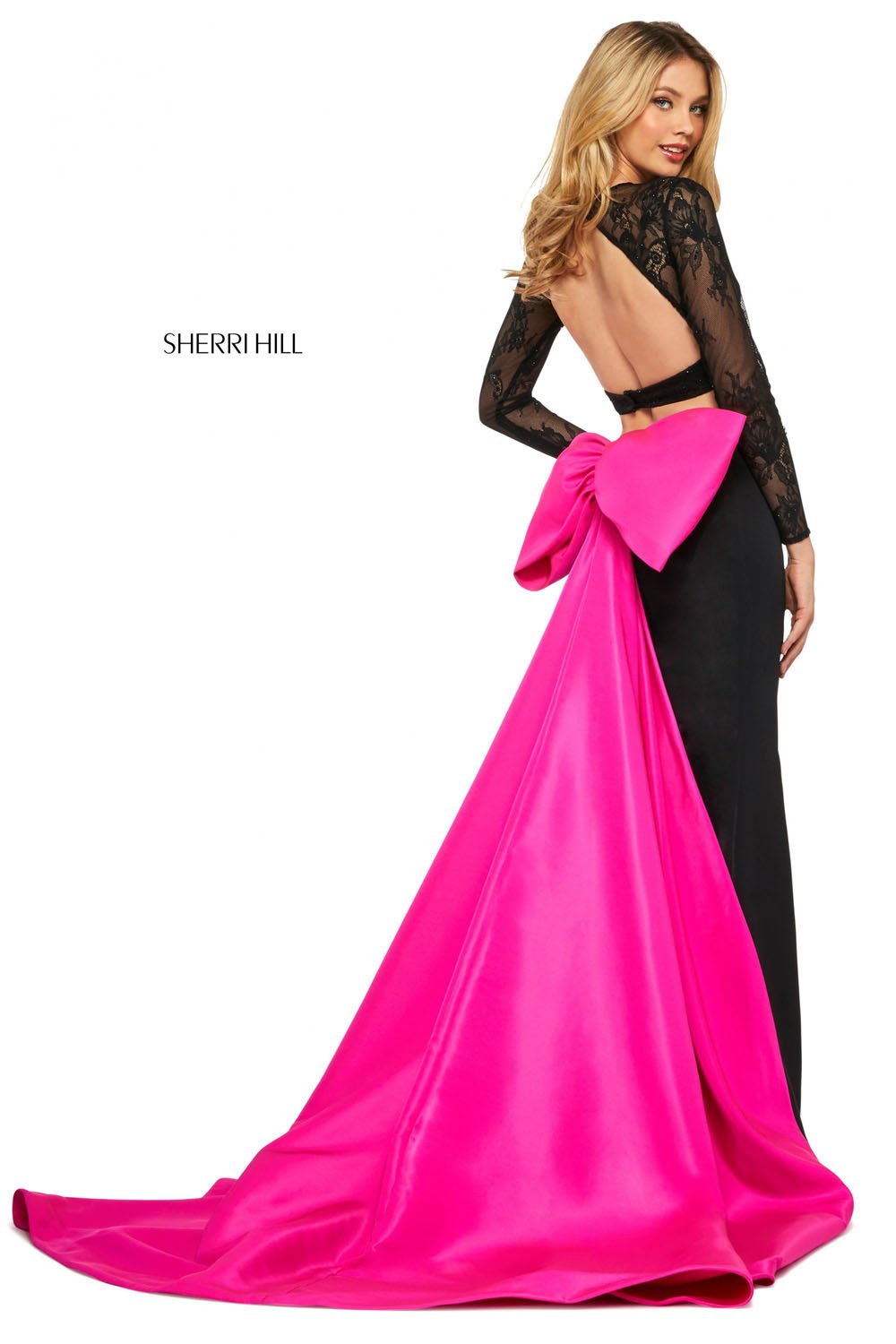 Sherri Hill 53463 dress images in these colors: Black Red, Black Fuchsia.