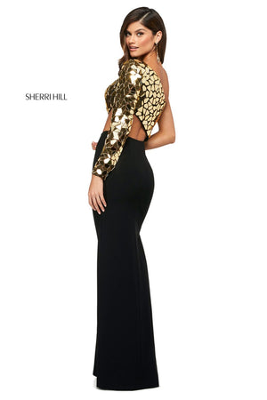 Sherri Hill 53466 dress images in these colors: Black Gold, Ivory Silver, Black Silver, Black Multi.