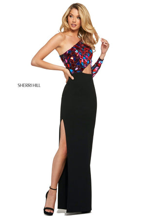 Sherri Hill 53466 dress images in these colors: Black Gold, Ivory Silver, Black Silver, Black Multi.