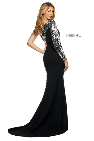 Sherri Hill 53467 dress images in these colors: Ivory Silver, Black Multi, Black Gold, Black Silver.