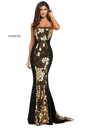 Sherri Hill 53473 dress images in these colors: Black Silver, Ivory Silver, Black Gold, Black Multi.