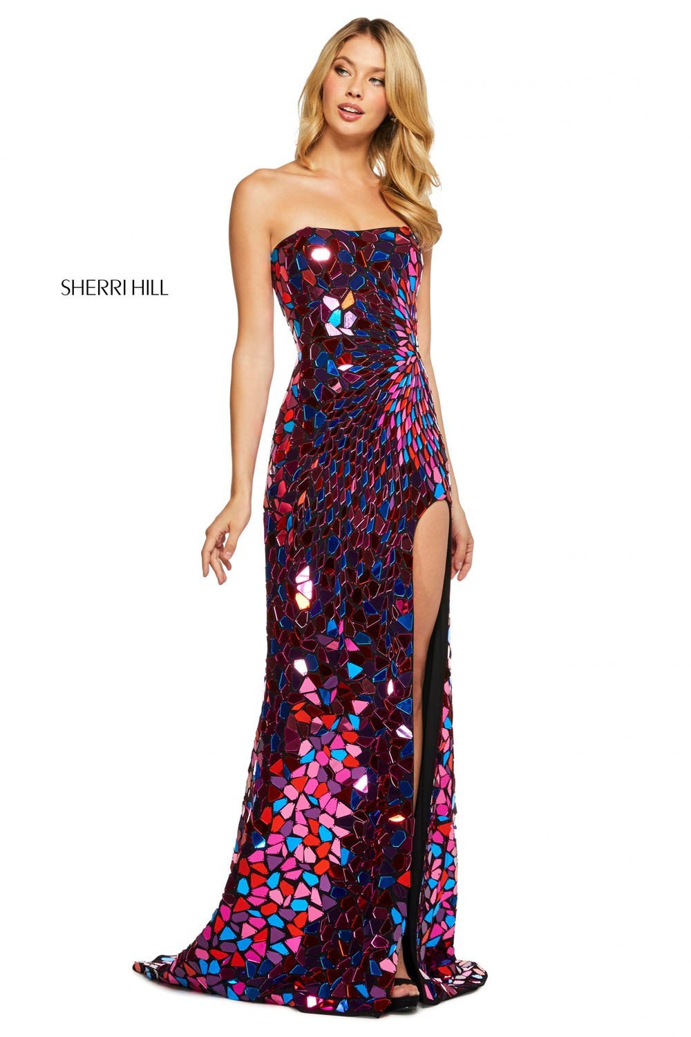 Sherri Hill 53474 dress images in these colors: Black Multi, Black Gold, Black Silver, Silver, Pink.