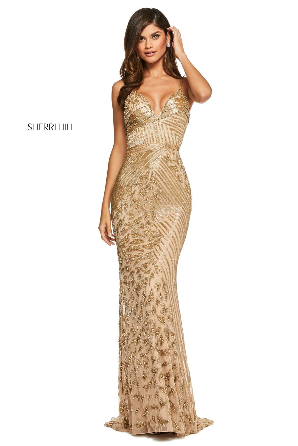 Sherri Hill 53489 dress images in these colors: Gold, Silver, Black.