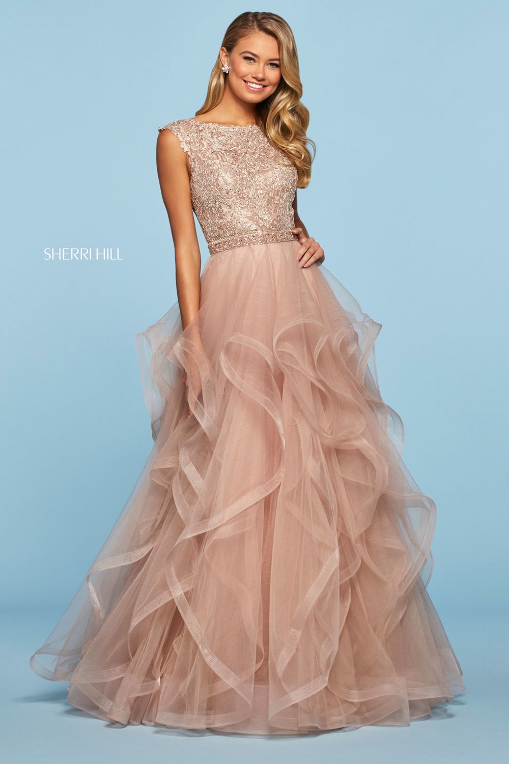 Sherri Hill 53510 dress images in these colors: Rose Gold, Blush, Navy, Burgundy, Light Blue, Aqua.