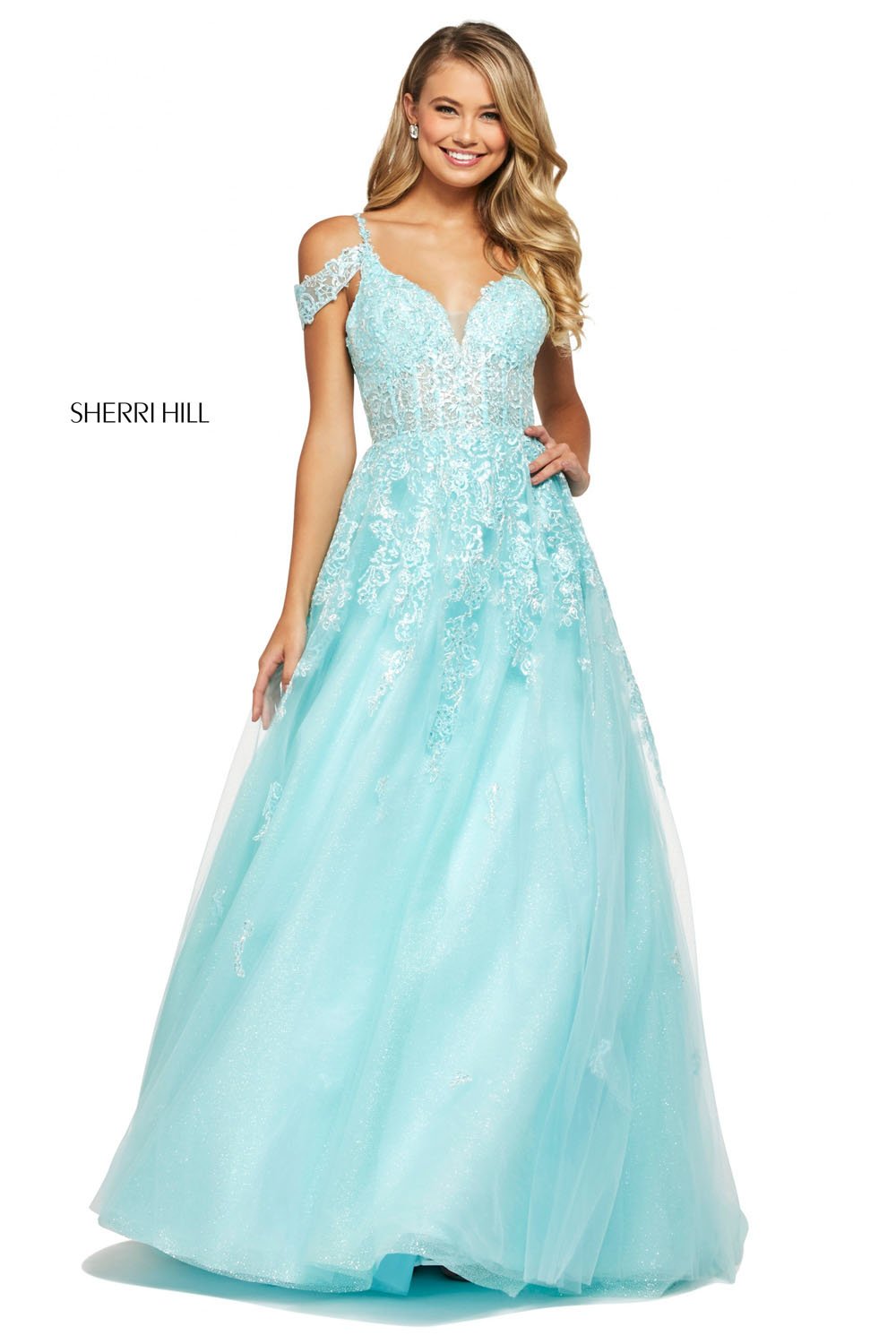 Sherri Hill 53518 dress images in these colors: Aqua, Ivory, Lilac, Pink.