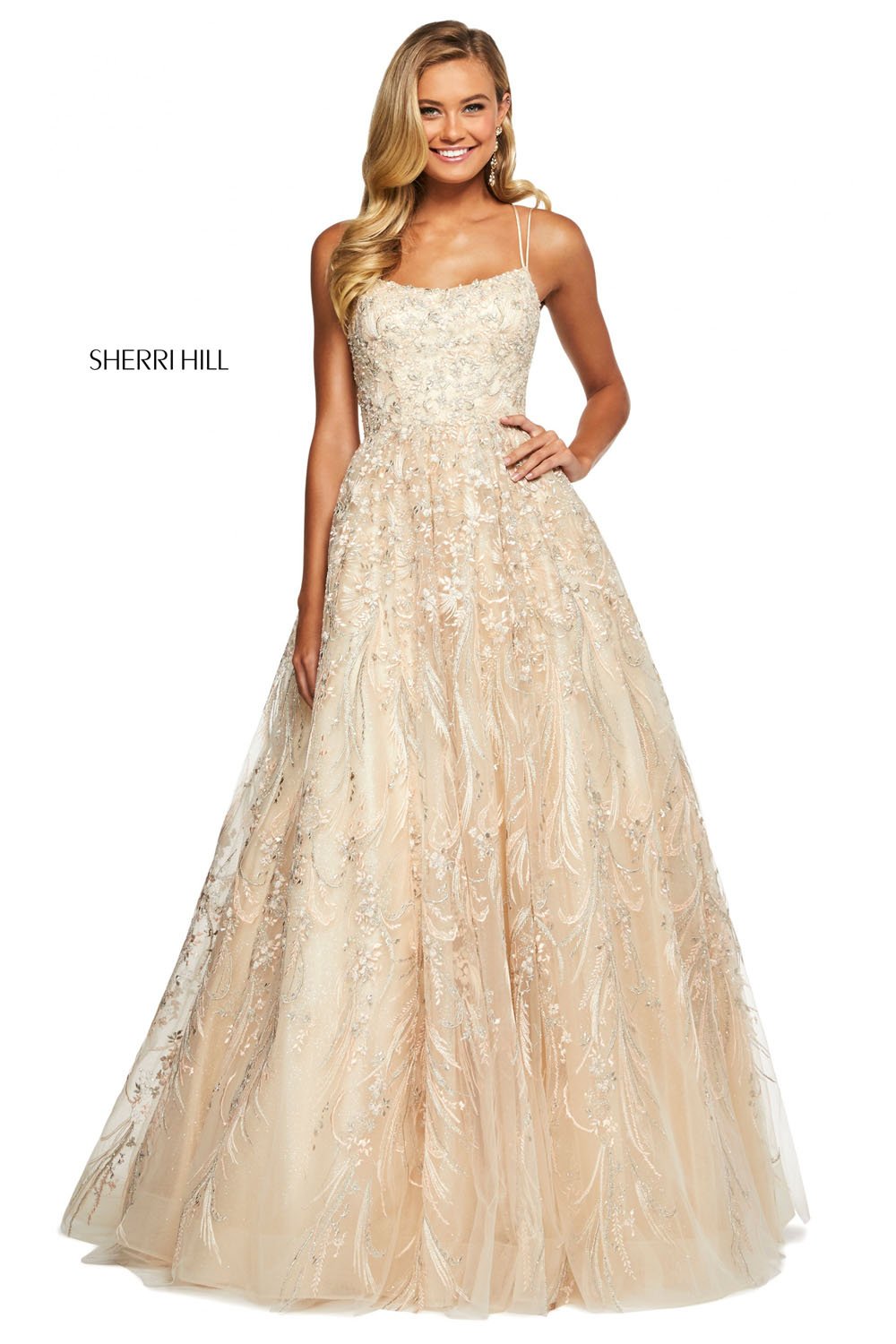 Sherri Hill 53519 dress images in these colors: Champagne, Periwinkle, Light Blue, Blush.