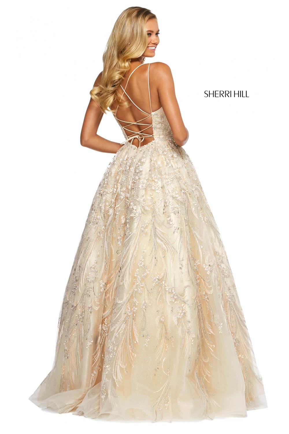 Sherri Hill 53519 dress images in these colors: Champagne, Periwinkle, Light Blue, Blush.