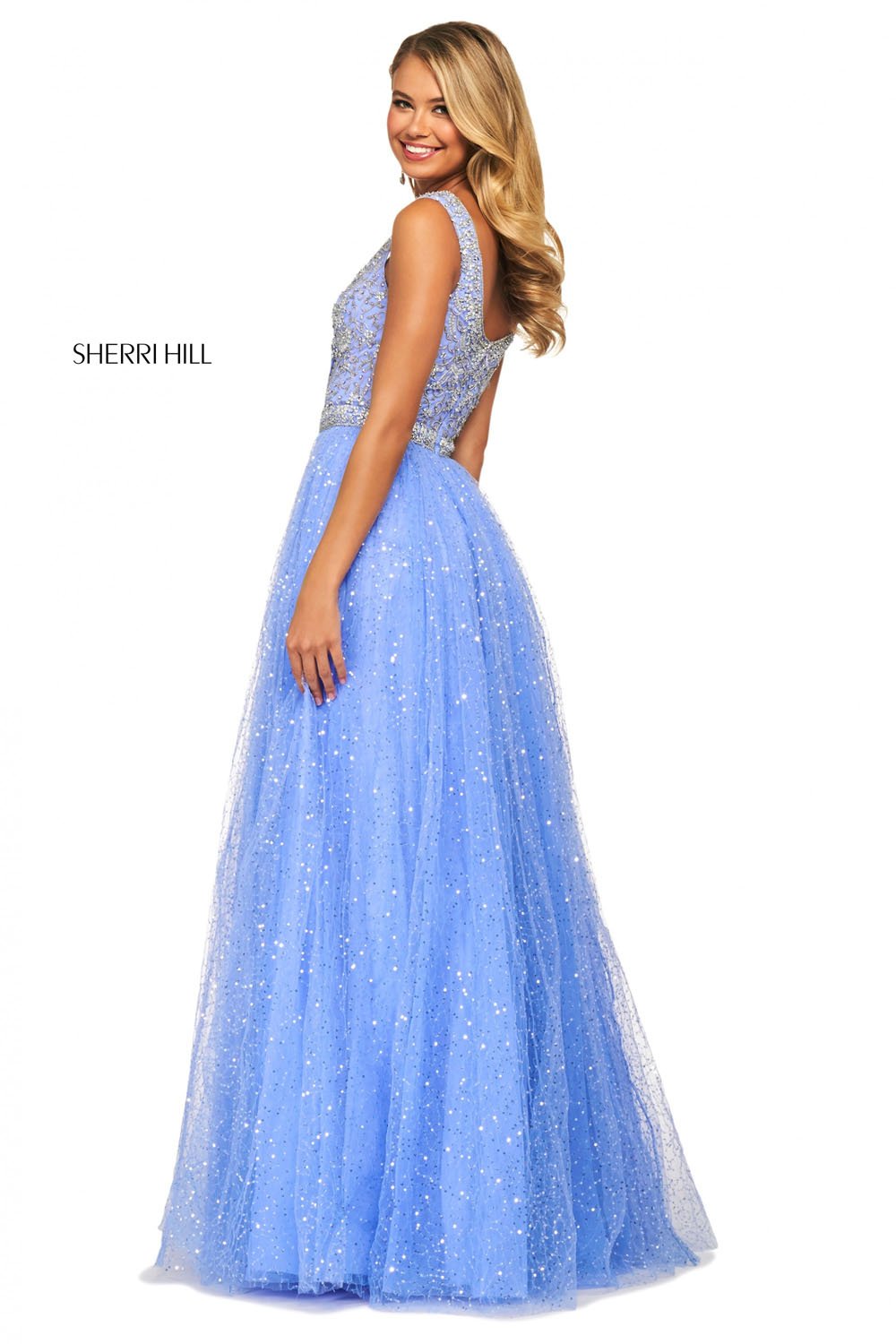 Sherri Hill 53541 dress images in these colors: Fuchsia, Periwinkle Silver, Light Blue, Ivory Silver, Red, Black.