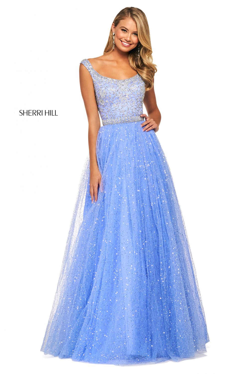 Sherri Hill 53541 dress images in these colors: Fuchsia, Periwinkle Silver, Light Blue, Ivory Silver, Red, Black.