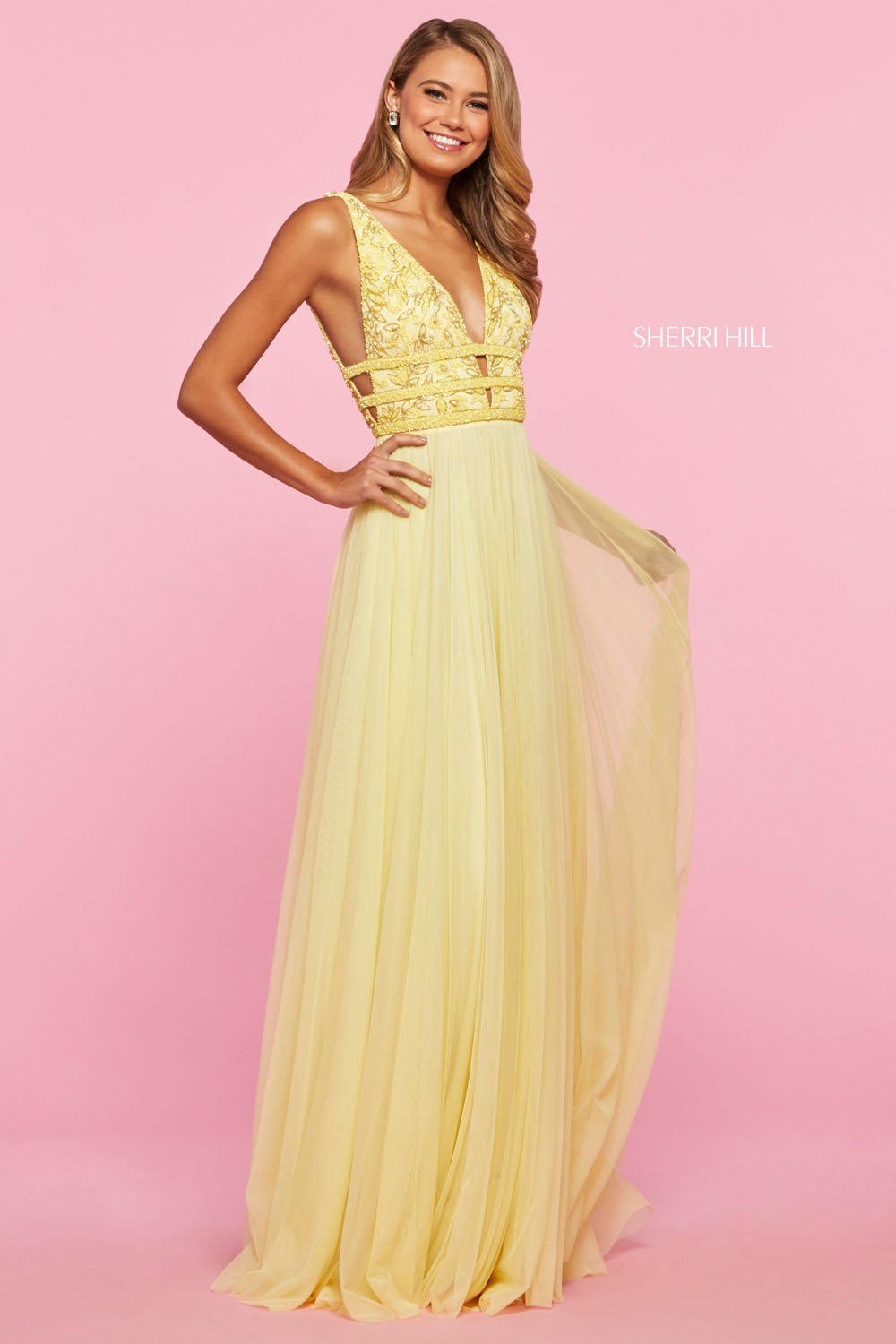 Sherri Hill 53551 dress images in these colors: Light Pink, Light Blue, Yellow, Nude Ivory.