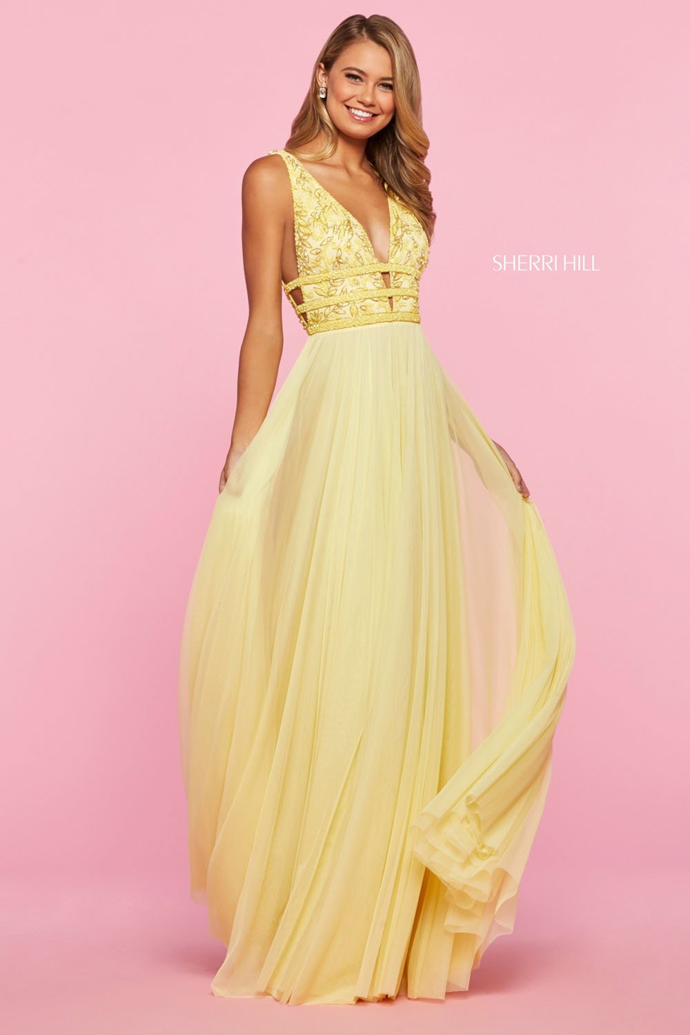 Sherri Hill 53551 dress images in these colors: Light Pink, Light Blue, Yellow, Nude Ivory.