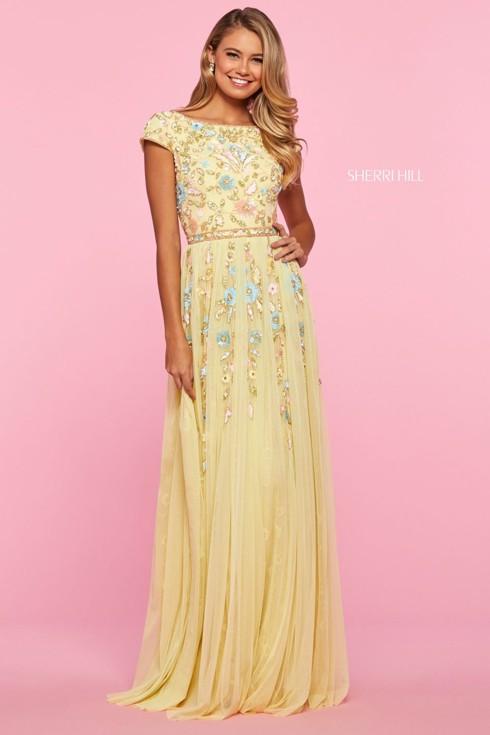 Sherri Hill 53555 dress images in these colors: Light Blue Multi, Ivory Multi, Yellow Multi, Light Pink Multi.