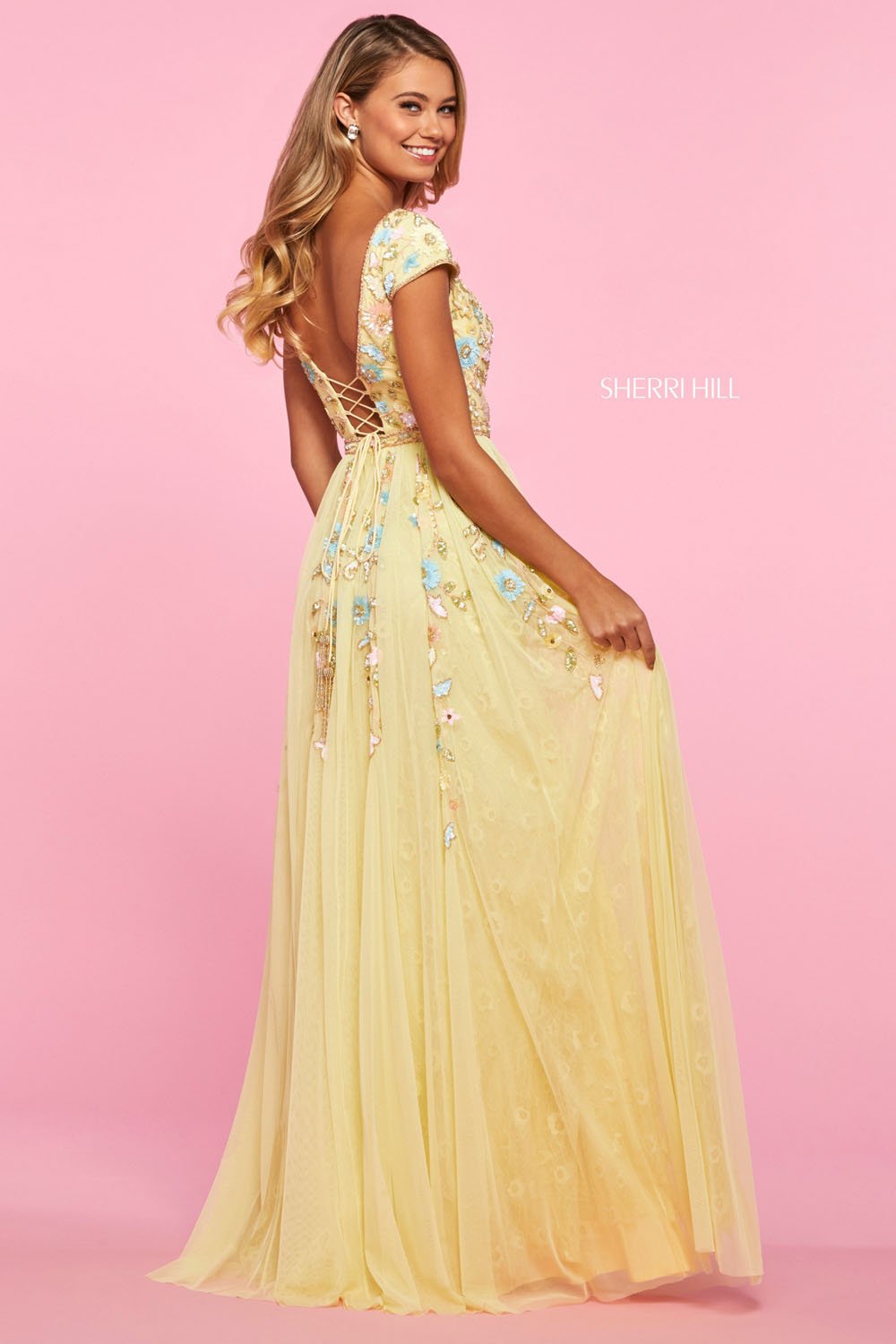 Sherri Hill 53555 dress images in these colors: Light Blue Multi, Ivory Multi, Yellow Multi, Light Pink Multi.