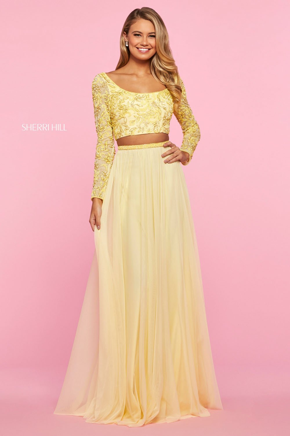 Sherri Hill 53559 dress images in these colors: Nude Ivory, Light Blue, Yellow, Blush.